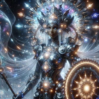 The primary subject of the image is a woman wearing a metallic, futuristic costume. She is standing in a space with a backdrop of stars, which adds to the overall atmosphere of the scene. The visual style of the image is digital art, as it appears to be a computer-generated or digitally rendered image. The colors and mood of the image are predominantly silver and blue, giving it a futuristic and otherworldly feel.